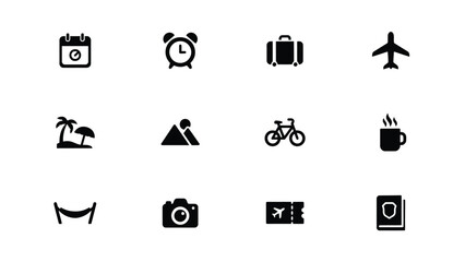 Naklejka premium Minimalist black icons set featuring travel leisure and daily life symbols on white background with monochromatic grid twelve minimalist icons