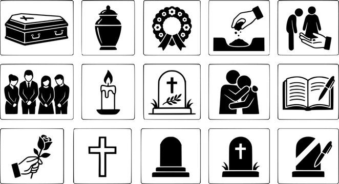 Memorial service and burial ceremony icons with coffin flower urn and mourning people.
