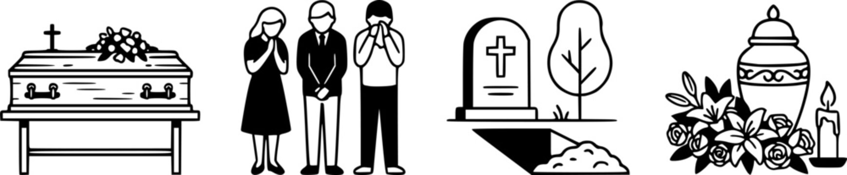 Memorial service and burial ceremony icons with coffin flower urn and mourning people.
