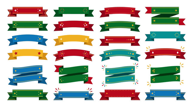 Set of multi-colored flat design ribbon banners including curved and folded styles in red, green, blue, and gold with decorative star and dot accents on white background.