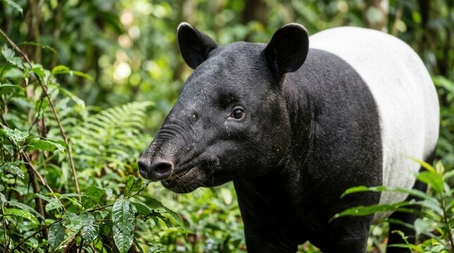 Malayan Tapir Standing In Lush Green Rainforest Surrounded By Ferns.