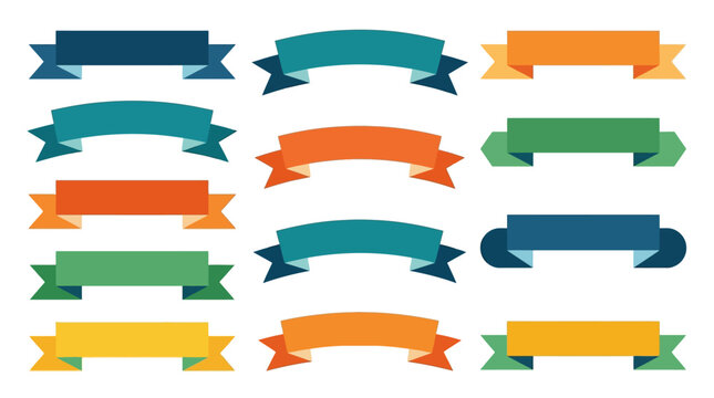 Collection of twelve flat style ribbon banners and decorative headers in various colors including teal, orange, and green on a white background for graphic design and web UI.