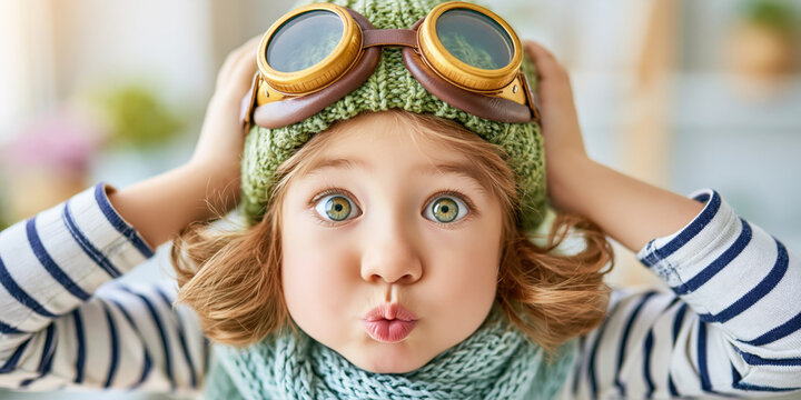 Surprised Child Wearing Aviator Goggles and Knitted Hat