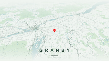 Modern minimalist vector map of Granby, Quebec. High-quality scalable illustration of Granby geographic boundaries, Yamaska River shoreline and Lac Boivin networks  for posters design. © AliRza