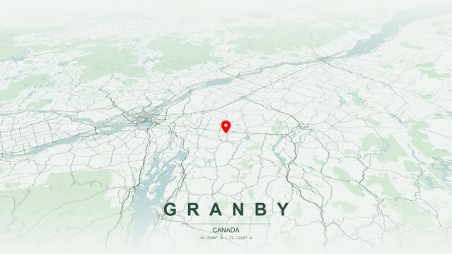 Modern minimalist vector map of Granby, Quebec. High-quality scalable illustration of Granby geographic boundaries, Yamaska River shoreline and Lac Boivin networks  for posters design.