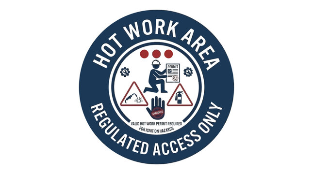 Hot work area regulated access only sign highlighting fire safety and restricted entry procedures for industrial environments and permit required zones