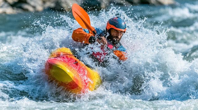 Professional Whitewater Kayaker Paddling Through Powerful River Rapids