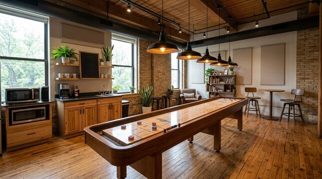 Break Room with a Shuffleboard Table and Hanging Pendant Lights - Royalty-Free Stock Photo, No People
