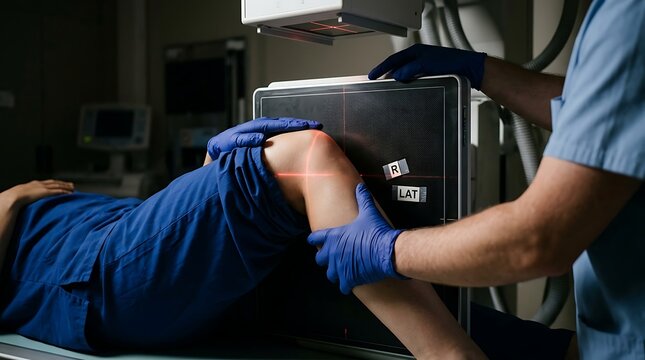 Radiographer positioning patient's knee for X-ray scan with laser crosshairs in a dark clinic