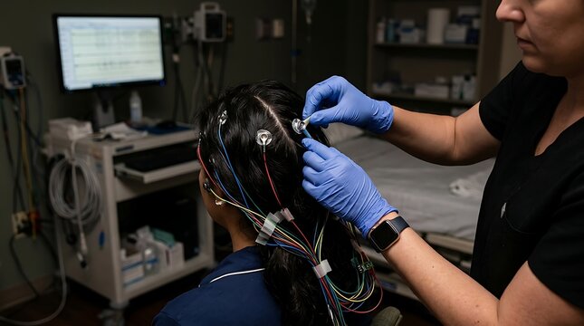Technician attaching EEG electrodes to patient's head for brain activity monitoring