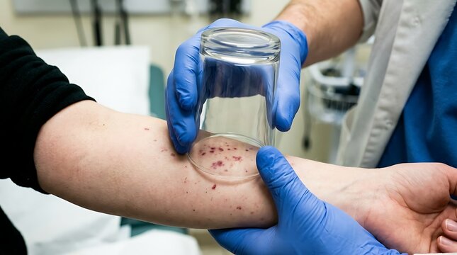 Healthcare professional examining a patient's purpuric rash with a glass test on their arm