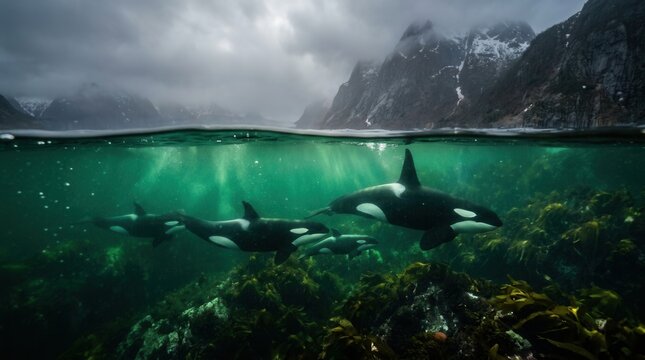Orcas Swimming Underwater in a Majestic Fjord Landscape.