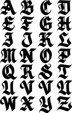 calligraphic blackletter font alphabet in black over white