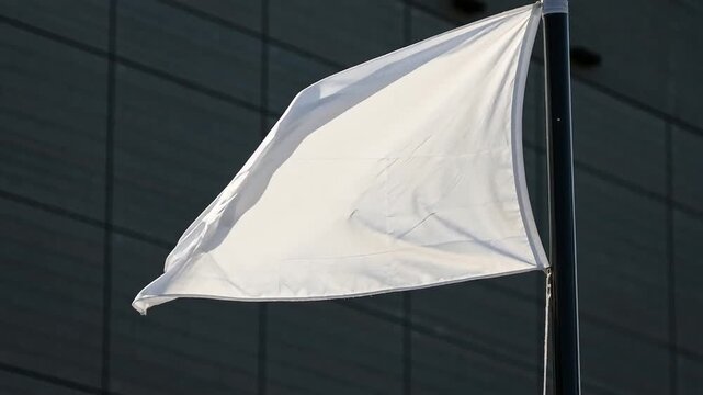 White blank clean flag waving on flagpole against office building wall