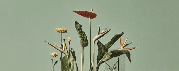 Obraz premium Panoramic shot of exotic flowers including bird of paradise, anthurium, and orchids in bold colors. Minimal, clean background and soft lighting highlight high-end floral photography.