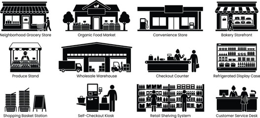 Fototapeta premium Retail Storefront and Grocery Market Silhouette Icon Set with Supermarket Equipment and Shopping Elements