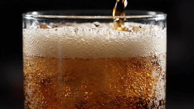 Slow push in of carbonated dark soda pouring glass filled with perfect ice cubes effervescent bubbles popping on the surface high contrast lighting refreshing aesthetic