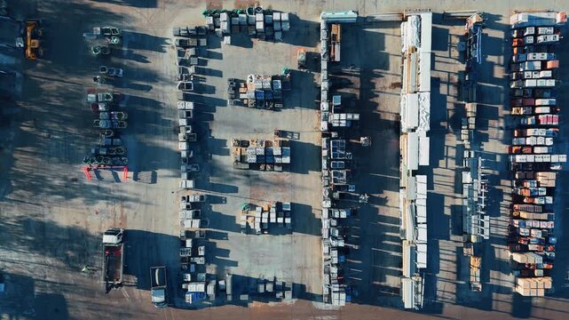 Aerial view of a cluttered industrial yard. Industrial chemical plant