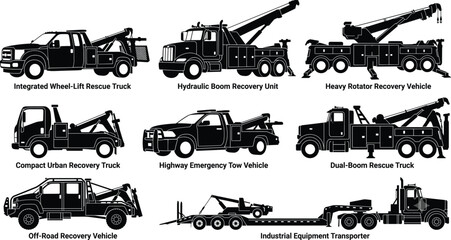 Obraz premium Tow Truck and Recovery Vehicle Silhouette Icons Set with Heavy Duty Wrecker Equipment