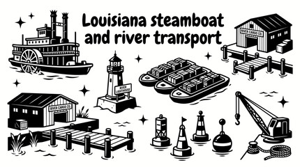 historic mississippi river transportation featuring paddlewheel steamboats cargo barges river docks lighthouses navigation buoys and classic waterfront infrastructure arranged as a commercial vector © samira