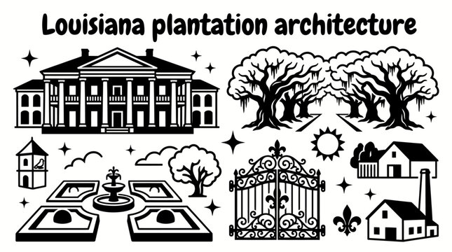 historic louisiana plantation architecture featuring grand mansions columned estates oak lined entrances wrought iron gates gardens and southern heritage buildings arranged as a premium