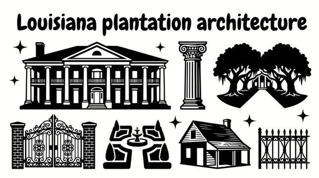 historic louisiana plantation architecture featuring grand mansions columned estates oak lined entrances wrought iron gates gardens and southern heritage buildings arranged as a premium