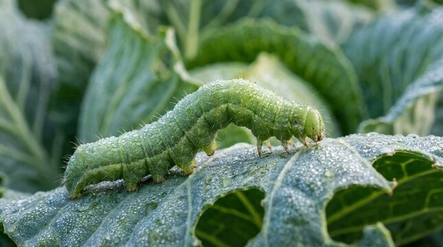 Green caterpillar crawling on dew covered cabbage leaf in a garden, close up macro view with soft natural light, conveys calm nature detail
