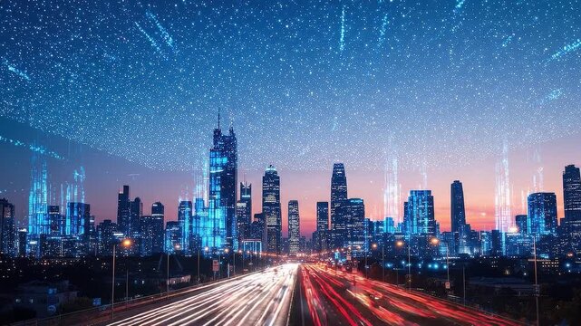 Futuristic city skyline with digital data streams and starry night sky