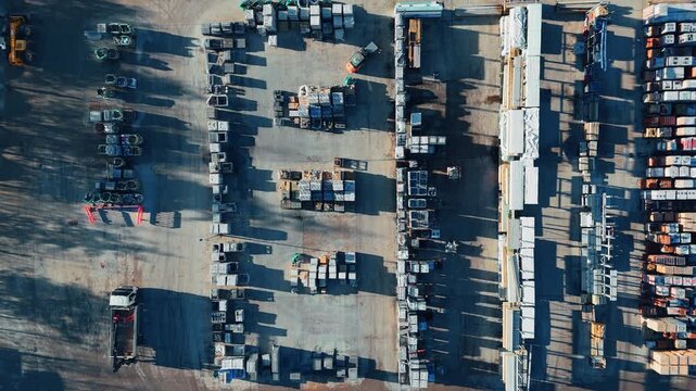 Aerial view of large industrial parking lot. Industrial chemical plant