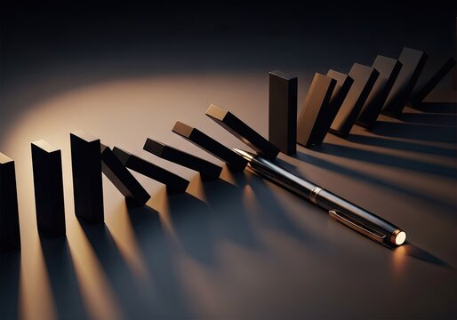 Domino effect concept illuminated by penlight in dark environment
