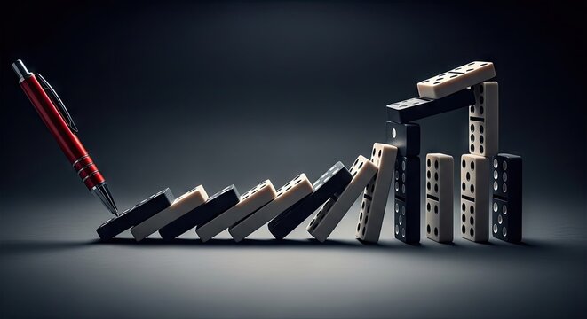 Domino effect concept with pen causing fall on dark background illustration