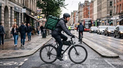 Fototapeta premium Delivery cyclist with large green insulated bag rides through city street with traffic and pedestrians