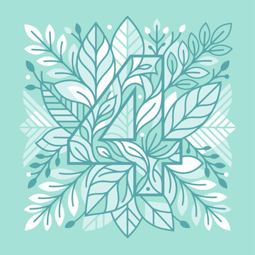 Stylized number four integrated into a botanical leaf pattern illustration with a teal and mint green color palette, featuring symmetrical foliage and hidden digit design elements.
