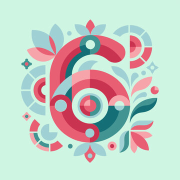 Stylized number 6 illustration featuring geometric patterns and floral motifs. Designed in a modern flat aesthetic with a palette of coral, pink, teal, and blue on a mint background.