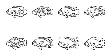 Obraz premium Set of 8 Diverse Fish Illustrations, Aquatic Life Vector Icons, Simple Line Art Marine Animals