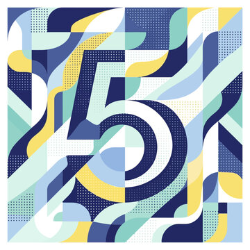 Abstract vector illustration of the number five integrated into a geometric mosaic pattern featuring blue, yellow, and teal shapes, curved lines, and dotted textures.