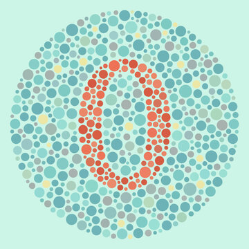 Ishihara color blindness test plate illustration featuring number zero in red and orange circles surrounded by blue, teal, and green polka dots on a light cyan background.