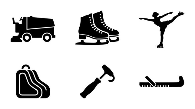 Ice Skating Icons Set: Zamboni, Skates, Figure Skater, Bag, Ice Pick, Hockey Skate
