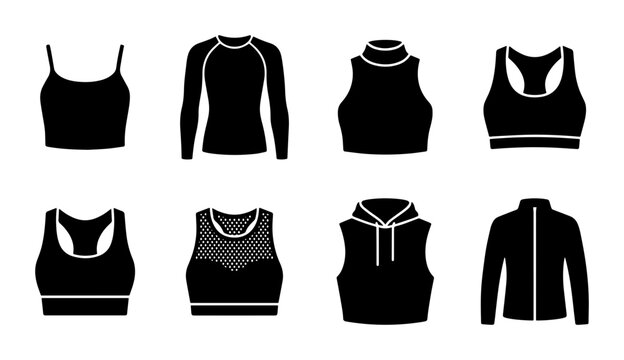 Black Athletic Tops Collection, Sports Bra and Jacket Vector Icons