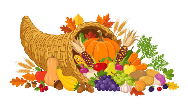 Overflowing cornucopia with autumn harvest bounty. Vibrant horn of plenty filled with pumpkins, gourds, fruits, and fall foliage for Thanksgiving a...