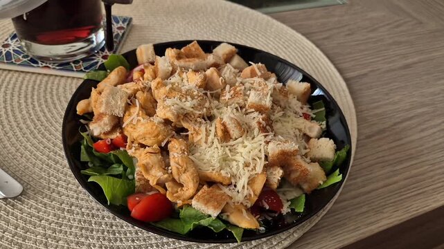 Pouring balsamic glaze over chicken caesar salad with parmesan cheese
