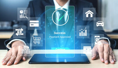 Fototapeta premium Businessman Approves Payment on Tablet Displaying Success Notification with Interactive Digital Icons Representing Transactions and Financial Activities. Glyphic.