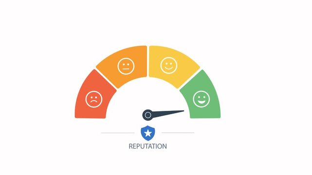 Reputation Gauge and Customer Satisfaction Meter Animation With Feedback Rating Scale.  Flat style animation on white background. 