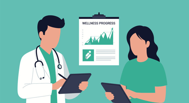 Flat vector illustration of a male doctor in a white coat and stethoscope consulting with a female patient, both using tablets next to a wellness progress chart.