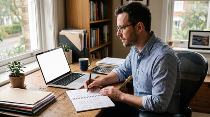 Obraz premium Man working from home at desk with laptop notebook and calculator