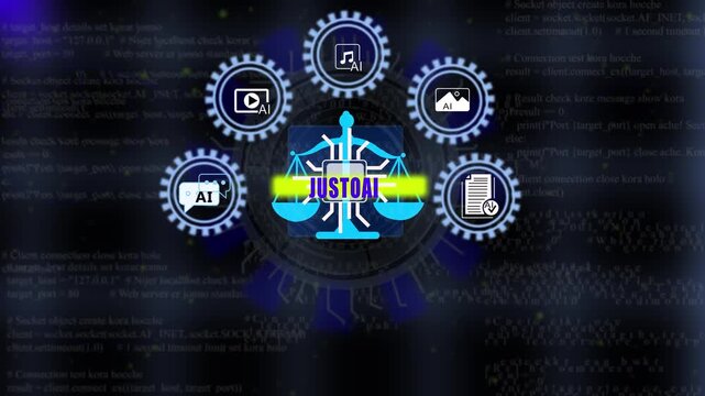 Seamless Loop Tech HUD Grid Featuring JUSTO AI Text for LegalTech Presenters. 4K Video