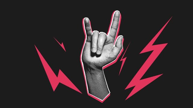 Halftone hand showing rock horns gesture with animated lightning elements on dark background. Retro pop art style, seamless loop for music, concert, and energy content.