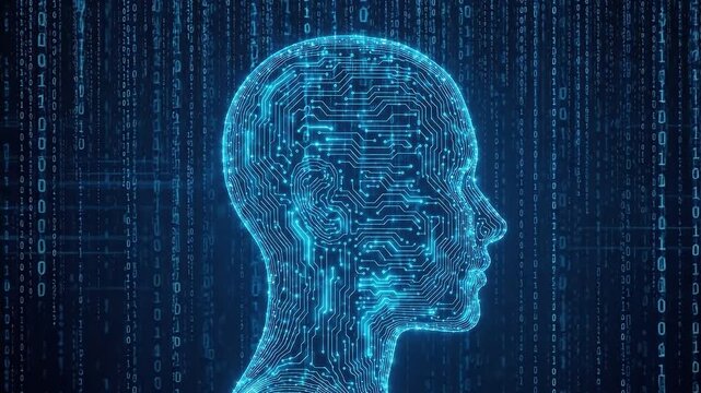 Digital human head silhouette with circuit board pattern