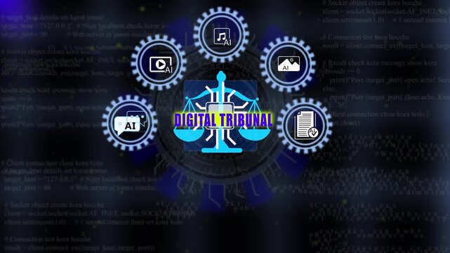 Seamless Loop Tech HUD Grid Featuring DIGITAL TRIBUNAL Text for Cyber Court Presentations. 4K Video