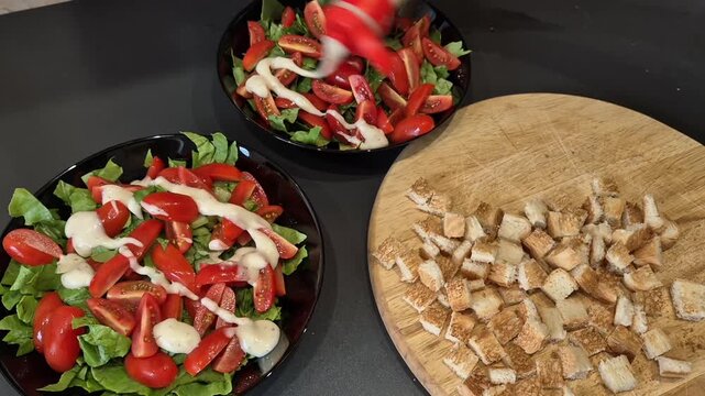 Close up view of pouring creamy dressing over a fresh caesar salad in a bowl